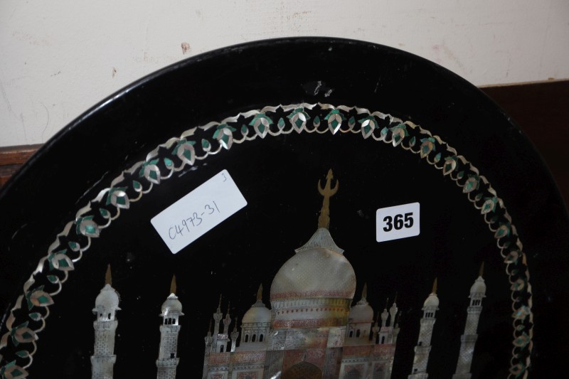 A mother-of-pearl inlaid dish depicting the Taj Mahal with two paintings